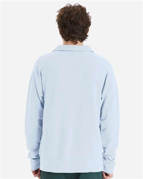 Hanes GDH490 Unisex Garment-Dyed Polo Collar Sweatshirt - Soothing Blue - model back