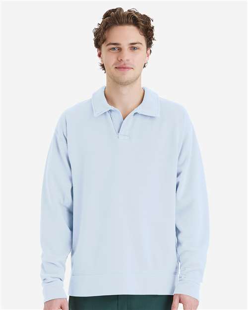 Hanes GDH490 Unisex Garment-Dyed Polo Collar Sweatshirt - Soothing Blue - model front