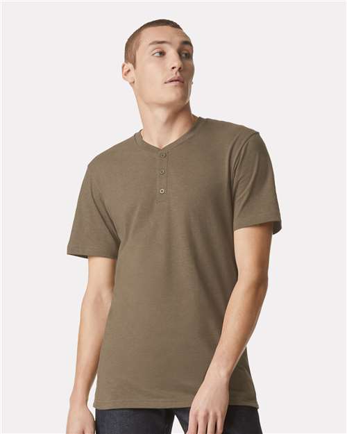 American Apparel 2004CVC Unisex CVC Henley Tee - Heather Army - model front