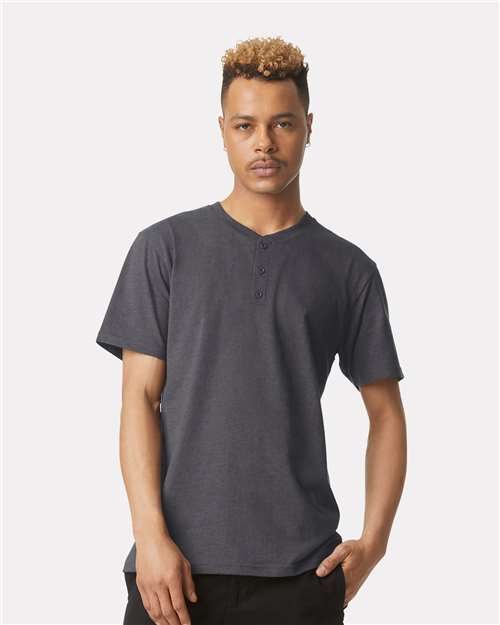 American Apparel 2004CVC Unisex CVC Henley Tee - Heather Charcoal - model front