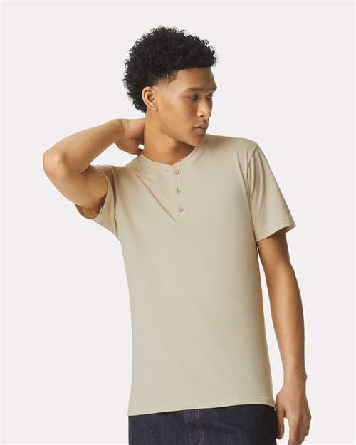 American Apparel 2004CVC Unisex CVC Henley Tee - Heather Bone - model front