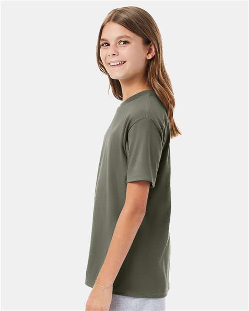 Hanes 498Y Youth Perfect-T T-Shirt - Fatigue Green - model side