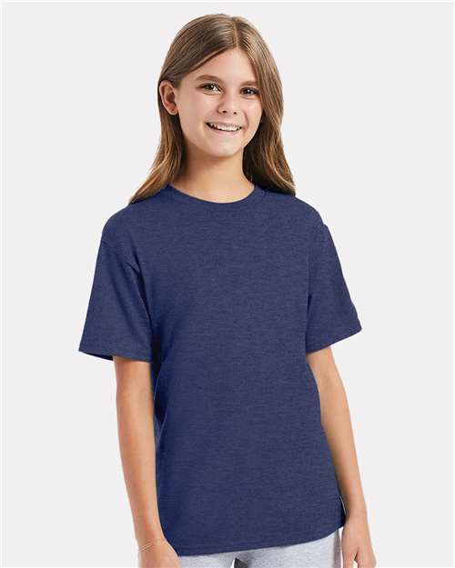 Hanes 498Y Youth Perfect-T T-Shirt - Heather Navy - model front