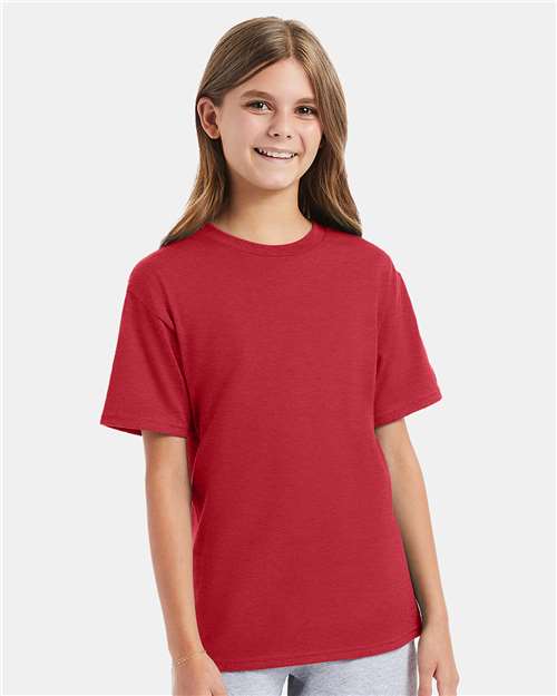 Hanes 498Y Youth Perfect-T T-Shirt - Heather Red - model front