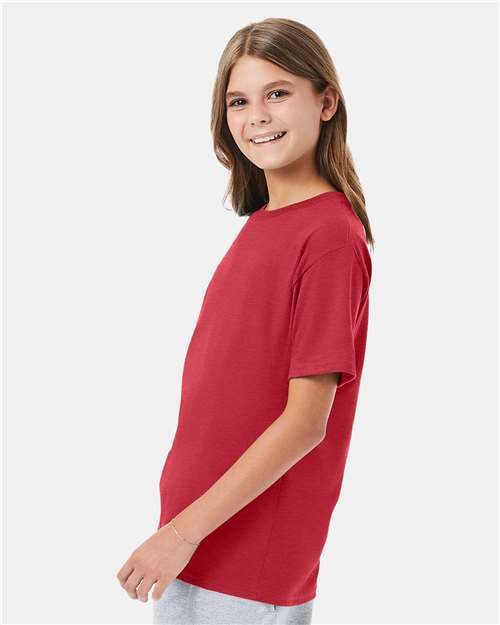 Hanes 498Y Youth Perfect-T T-Shirt - Heather Red - model side