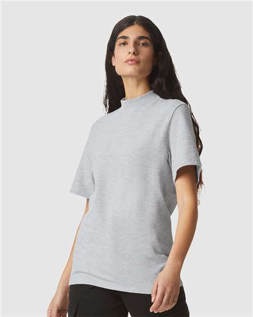 American Apparel 1PQ Unisex Pique Mockneck Tee - Heather Grey - model side