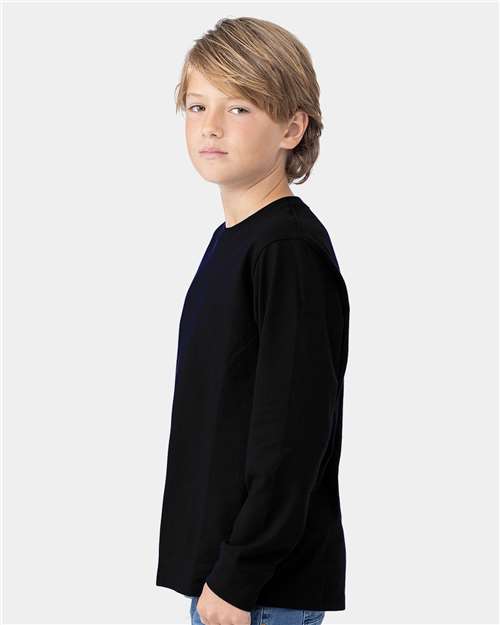 Next Level 3311 Youth Cotton Long Sleeve T-Shirt - Black - model side