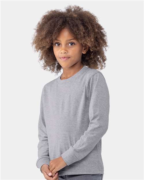 Next Level 3311 Youth Cotton Long Sleeve T-Shirt - Heather Grey - model side