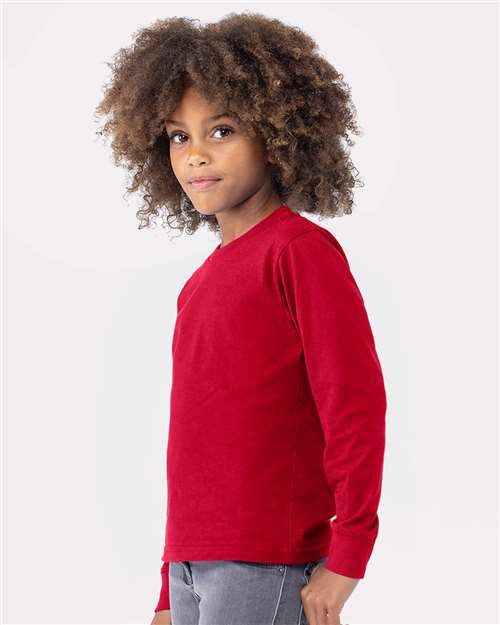 Next Level 3311 Youth Cotton Long Sleeve T-Shirt - Red - model side