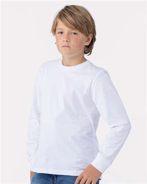 Next Level 3311 Youth Cotton Long Sleeve T-Shirt - White - model side