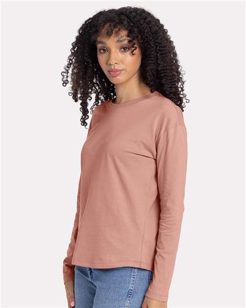 Next Level 3911 Women's Cotton Relaxed Long Sleeve T-Shirt - Desert Pink - model side