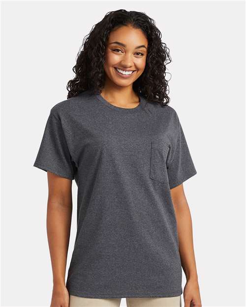 Hanes 5290P Essential-T Pocket T-Shirt - Charcoal Heather - model front