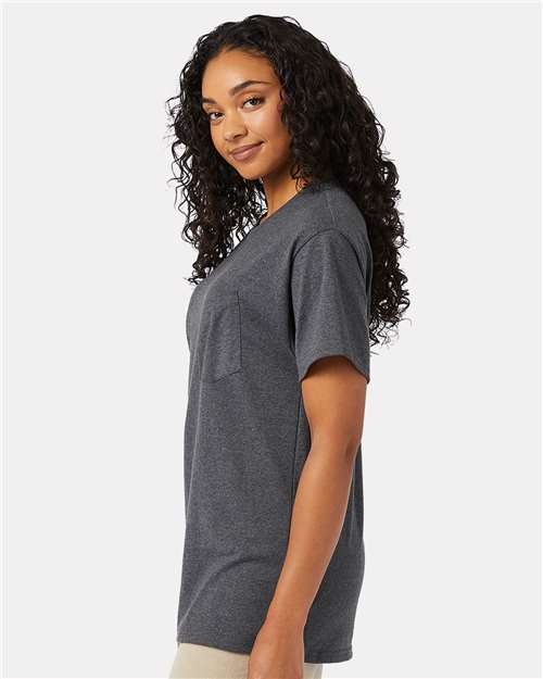 Hanes 5290P Essential-T Pocket T-Shirt - Charcoal Heather - model side