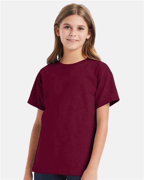 Hanes 5480 Youth Essential-T T-Shirt - Athletic Cardinal - model front