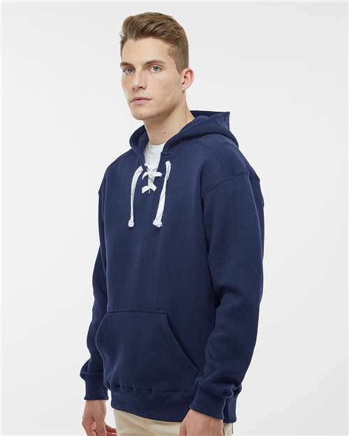 J. America 8830 Men's Sport Lace Hooded Sweatshirt - True Navy - model side