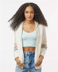 MV Sport W22732 Women's Striped Sleeves Full-Zip Hooded Sweatshirt - Ivory - model front