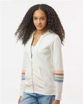 MV Sport W22732 Women's Striped Sleeves Full-Zip Hooded Sweatshirt - Ivory - model side