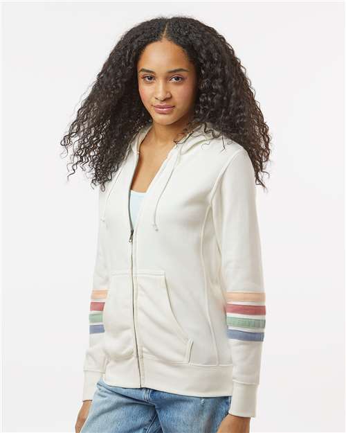 MV Sport W22732 Women's Striped Sleeves Full-Zip Hooded Sweatshirt - Ivory - model side