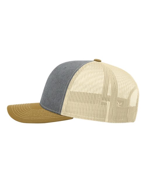Richardson 112 Snapback Trucker Cap - Heather Grey/ Birch/ Amber Gold - side