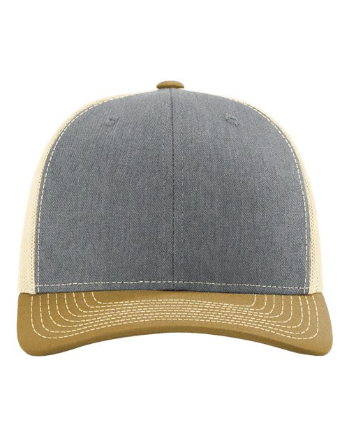 Richardson 112 Snapback Trucker Cap - Heather Grey/ Birch/ Amber Gold - front