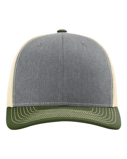 Richardson 112 Snapback Trucker Cap - Heather Grey/ Birch/ Army Olive - front