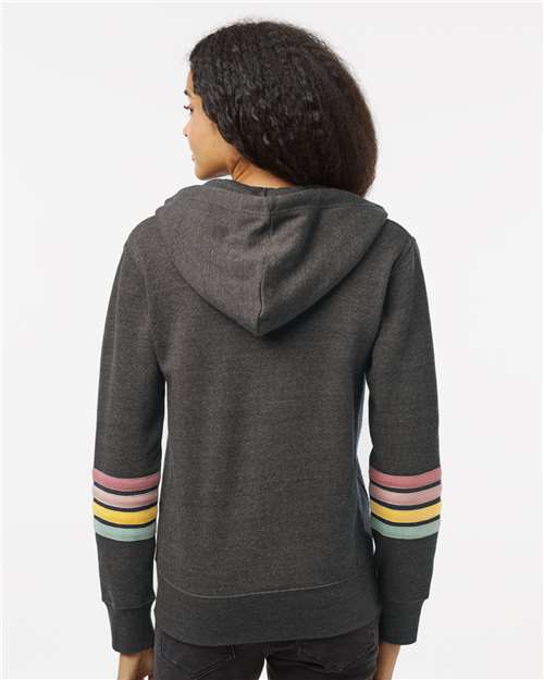 MV Sport W22732 Women's Striped Sleeves Full-Zip Hooded Sweatshirt - Charcoal - model back