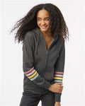 MV Sport W22732 Women's Striped Sleeves Full-Zip Hooded Sweatshirt - Charcoal - model front