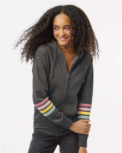 MV Sport W22732 Women's Striped Sleeves Full-Zip Hooded Sweatshirt - Charcoal - model front