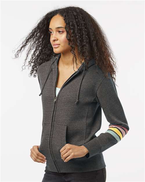 MV Sport W22732 Women's Striped Sleeves Full-Zip Hooded Sweatshirt - Charcoal - model side