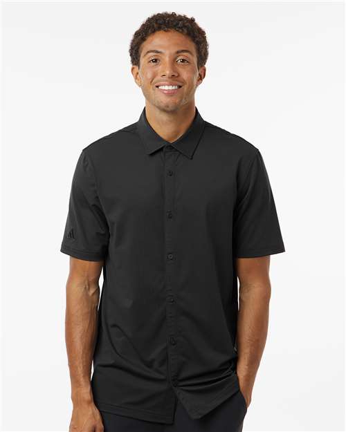 Adidas A595 Men's Full Button Down Short Sleeve Shirt - Black - model front