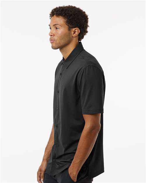 Adidas A595 Men's Full Button Down Short Sleeve Shirt - Black - model side