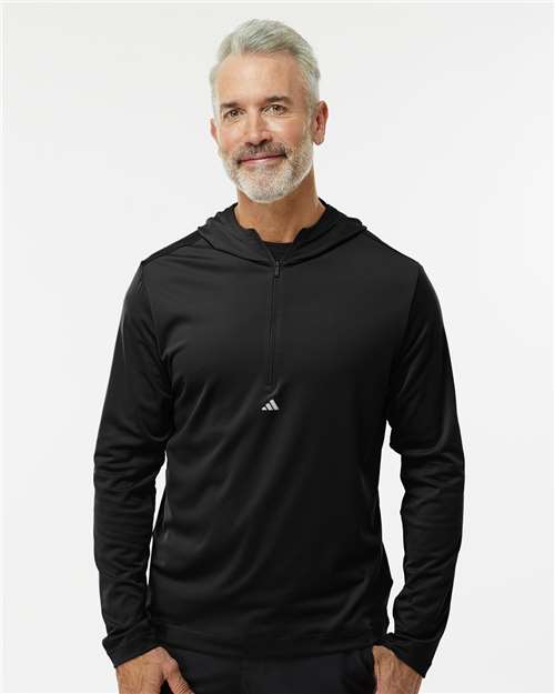 Adidas A596 Men's Lightweight Quarter-Zip Hooded Pullover - Black - model front