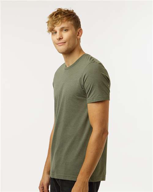 Tultex 602CVC Unisex Combed CVC T-Shirt - Heather Military Green - model side