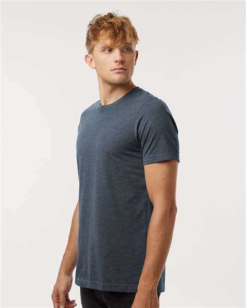 Tultex 602CVC Unisex Combed CVC T-Shirt - Heather Navy Blue - model side