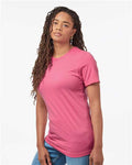 Tultex 602CVC Unisex Combed CVC T-Shirt - Heather Charity Pink - model side
