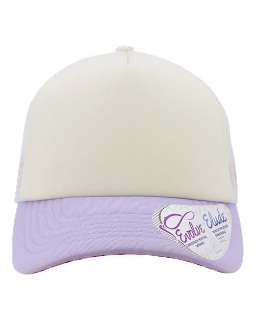Infinity Her ROSIE Women's Foam Trucker Cap - Ivory/ Lavender/ White/ Smiley - front