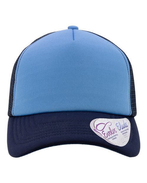 Infinity Her ROSIE Women's Foam Trucker Cap - Light Blue/ Navy/ Navy/ Graffiti - front