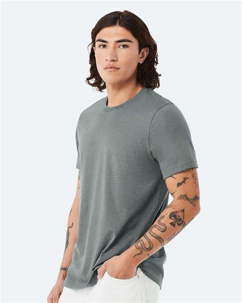 Bella+Canvas 3001CVC Unisex Heather CVC Short Sleeve Tee - Heather Blue Storm - model side
