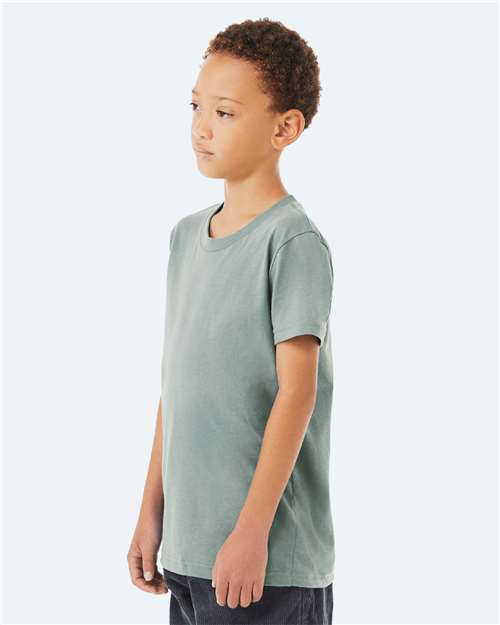 Bella + Canvas 3001Y Youth Jersey Tee - Dusty Blue - model side