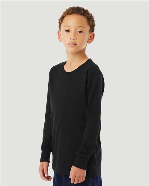 BELLA + CANVAS 3501YCVC Youth Heather CVC Long Sleeve Tee - Solid Black Blend - model side