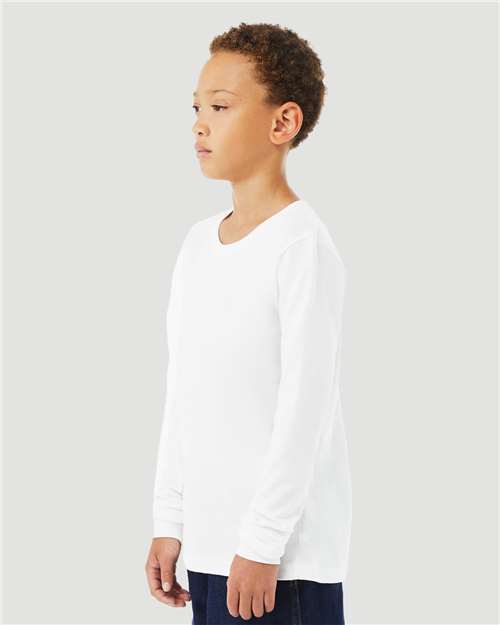 BELLA + CANVAS 3501YCVC Youth Heather CVC Long Sleeve Tee - Solid White Blend - model side