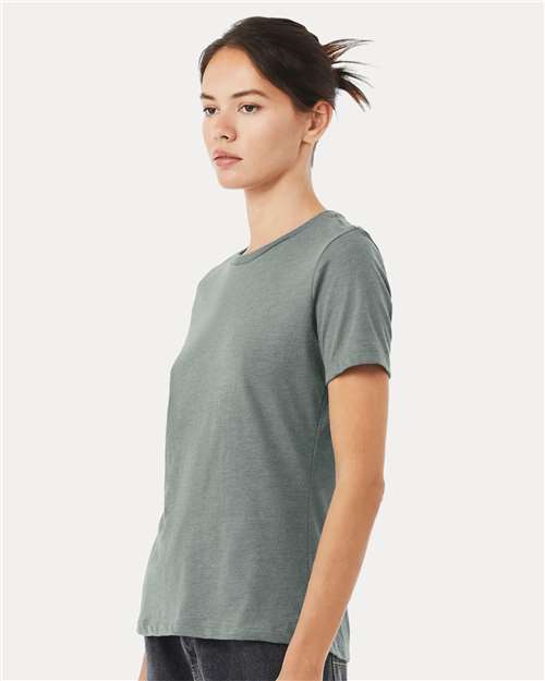 BELLA + CANVAS 6400CVC Women’s Relaxed Fit Heather CVC Tee - Heather Blue Storm - model side