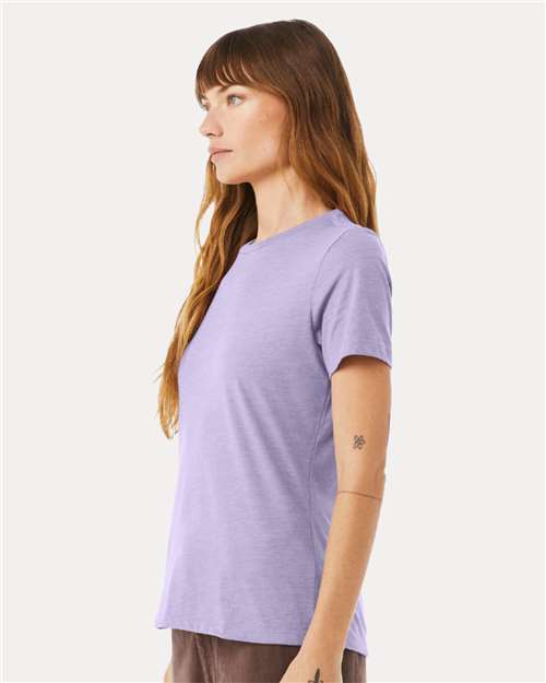 BELLA + CANVAS 6400CVC Women’s Relaxed Fit Heather CVC Tee - Heather Dark Lavender - model side