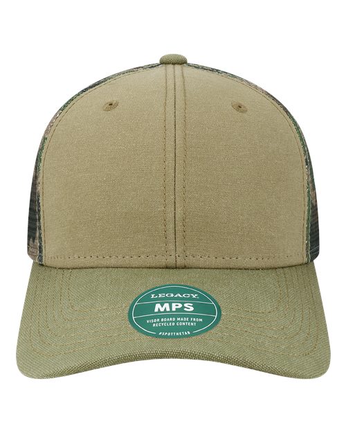 LEGACY MPS Mid-Pro Snapback Trucker Cap - Khaki/ Sage/ Camo Mesh - front