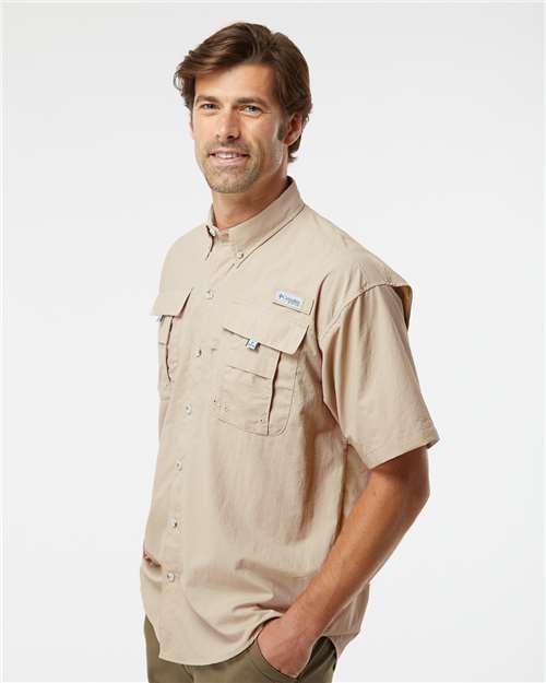 Columbia 212464 Men's PFG Bahama II Short Sleeve Shirt - Fossil - model side