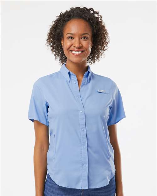 Columbia 212466 Women's PFG Tamiami II Short Sleeve Shirt - White Cap Blue - model front