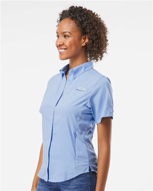 Columbia 212466 Women's PFG Tamiami II Short Sleeve Shirt - White Cap Blue - model side