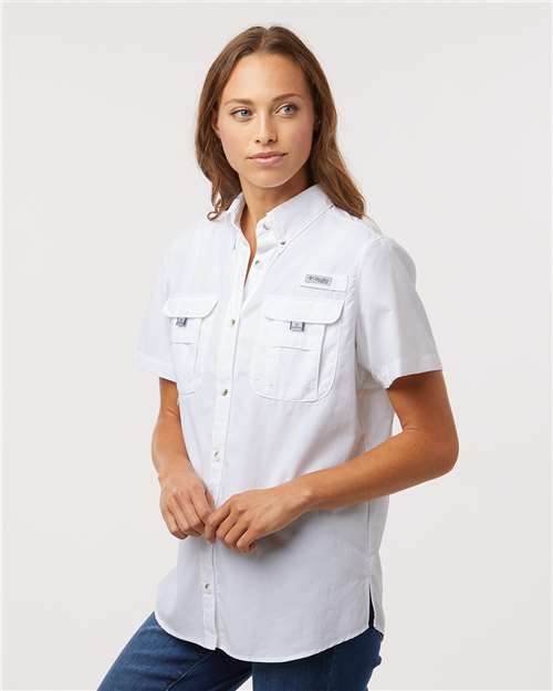 Columbia 212473 Women's PFG Bahama Short Sleeve Shirt - White - model side