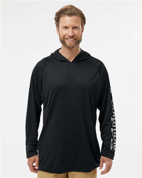 Columbia 212482 Men's PFG Terminal Tackle Hooded Long Sleeve T-Shirt - Black/ Cool Grey - model front
