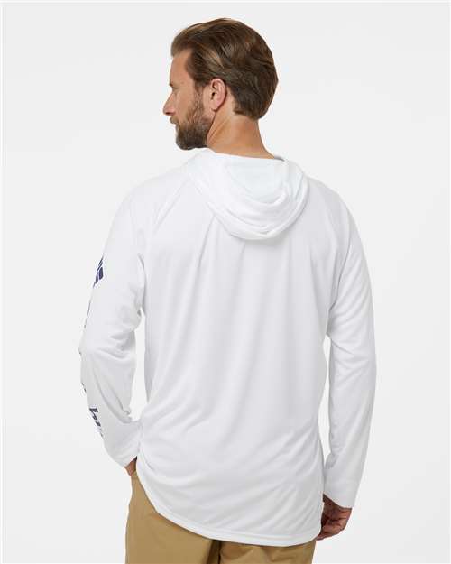 Columbia 212482 Men's PFG Terminal Tackle Hooded Long Sleeve T-Shirt - White/ Nightshade - model back